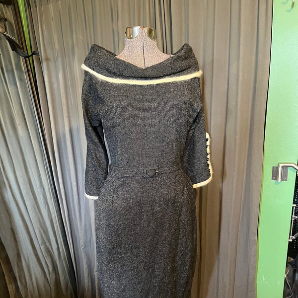 Stunning True Vintage 1950s Wool Wiggle Dress with Angora Trim