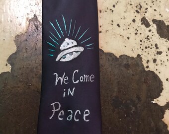 Vintage Inspired UFO Necktie We Come In Peace Purple Satin