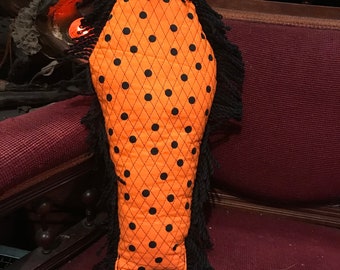 Coffin Pillow Neon Orange Halloween Polka Dots Quilted Style