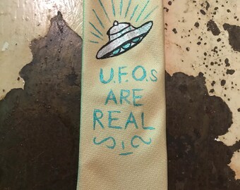 Vintage Inspired UFO Necktie UFOs Are Real Yellow Textured Satin