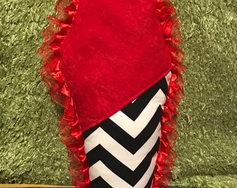 Coffin Pillow Twin Peaks Black Lodge Chevron and Red Velvet with Red Lace Version 1