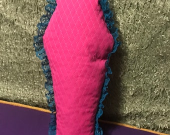 Coffin Pillow Barbiecore Barbie Goth Hot Pink Quilted with Turquoise Lace