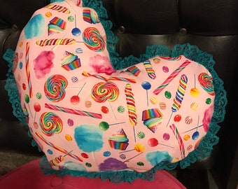 Heart Pillow in Rainbow Candy with Turquoise Lace