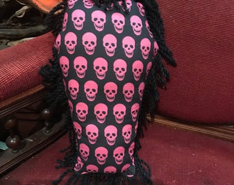 Coffin Pillow Black and Hot Pink Skulls Custom Fabric Rockabilly