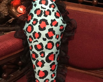 Coffin Pillow Red and Turquoise Leopard Print Custom Fabric Rockabilly