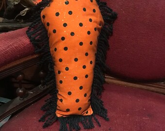 Coffin Pillow Neon Orange Halloween Polka Dots with Sheer Glitter Overlay