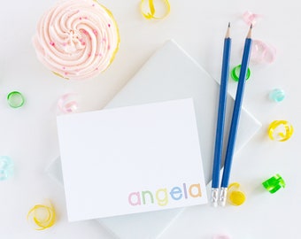 Personalized Kids Stationery Set of Flat Notecards | Children's Thank You Note Card Stationery | Striped Name | Rainbow