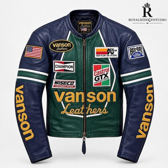 Vanson, Vanson Leather Jacket Mens Motorcycle Racing Jacket Vintage Biker Jacket Custom Leather Riding Jacket Cafe Racer Jacket Gren Blue Jackets