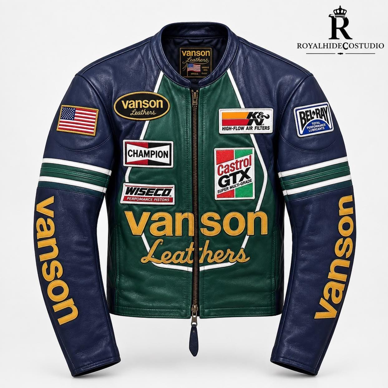 Vanson, Vanson Leather Jacket Mens Motorcycle Racing Jacket Vintage Biker Jacket Custom Leather Riding Jacket Cafe Racer Jacket Gren Blue Jackets