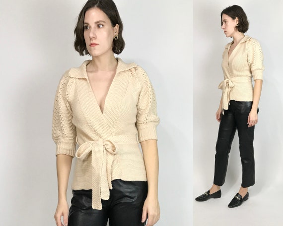 Vtg 70s CROCHET PUFF SLEEVE Tie Cardigan! Small