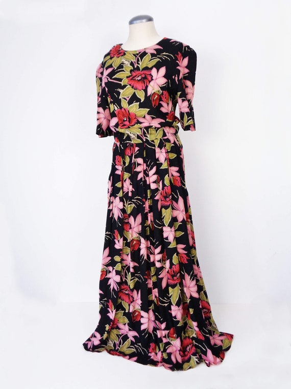 Vtg 80s DARK TROPICAL Print MAXI Dress! Medium, 8