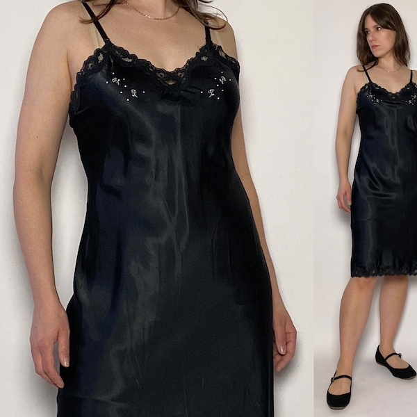 Vintage 1980s does 1940s Satin Slip Dress with Petite Embroidery! Medium