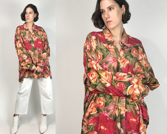Vtg 80s SILK FLORAL Flowy Blouse! XL Plus
