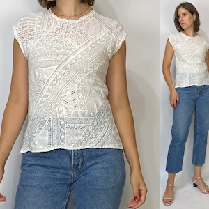 Vtg 50s MIXED LACE & EYELET Shell Top! Small