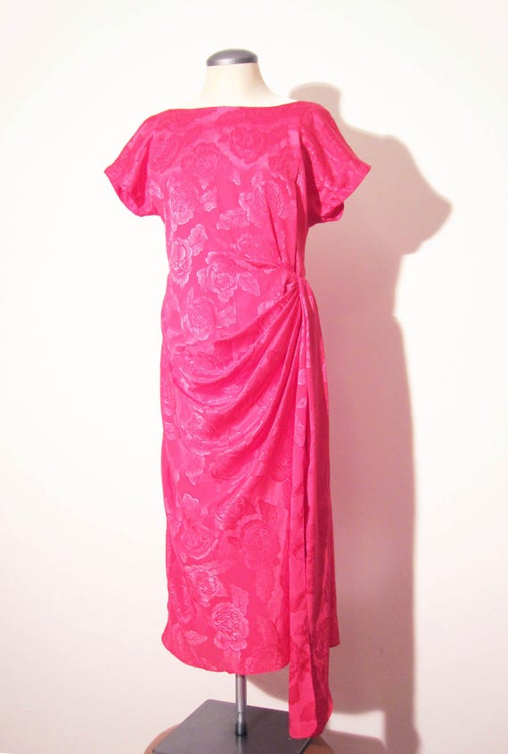 Vtg 80s HOT PINK JACQUARD Draped Dress, Small to M