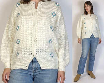 Vtg 80s HAND KNIT Cardigan with Embroidered ROSETTES! Medium to Large