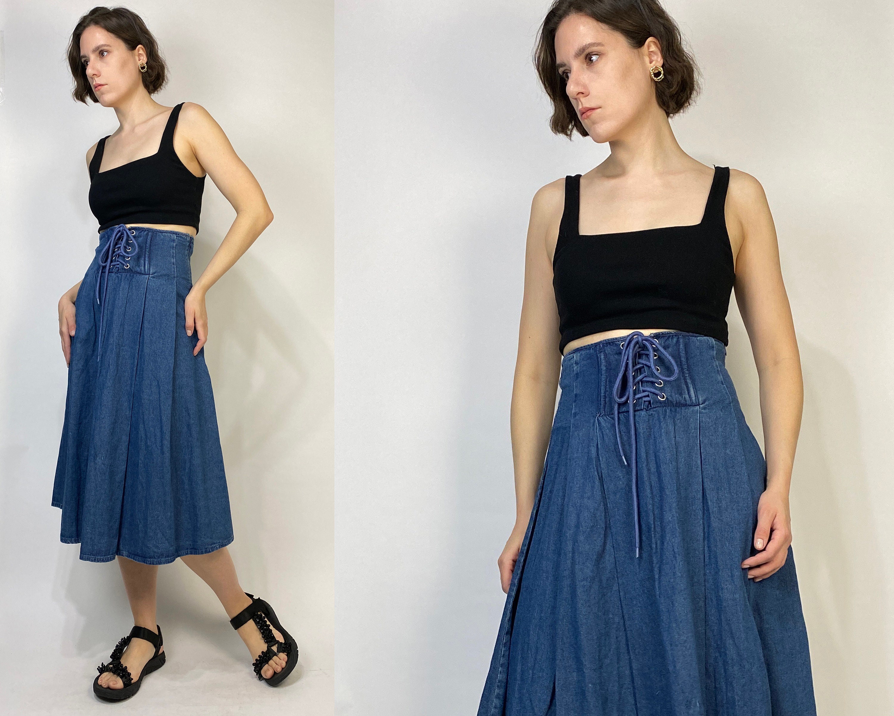 Vtg 90s Denim Skirt w LACE UP Front Medium | Etsy