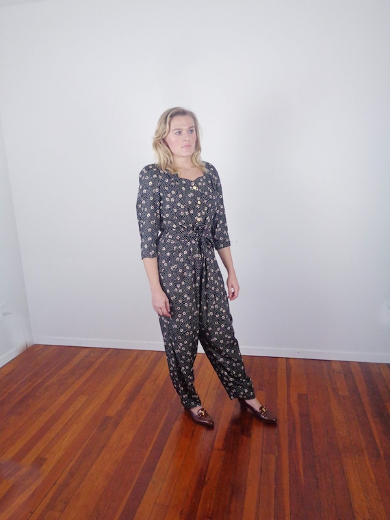 Vtg 80s Does 40s FLORAL SWEETHEART JUMPSUIT! Mediu