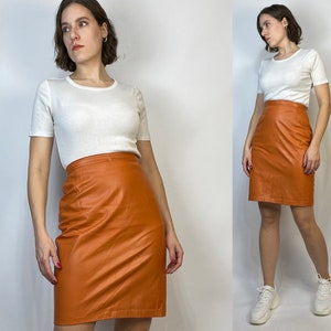 Vtg 80s ORANGE LEATHER Pencil Skirt! Small, 26 waist