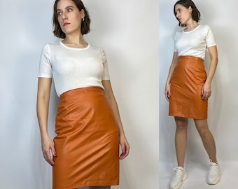 Vtg 80s ORANGE LEATHER Pencil Skirt! Small, 26 waist