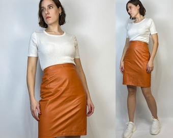 Vtg 80s ORANGE CUIR Jupe Crayon! Petit, 26 taille