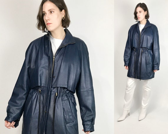 Vtg 80s Navy LEATHER New Wave Jacket! Medium to La