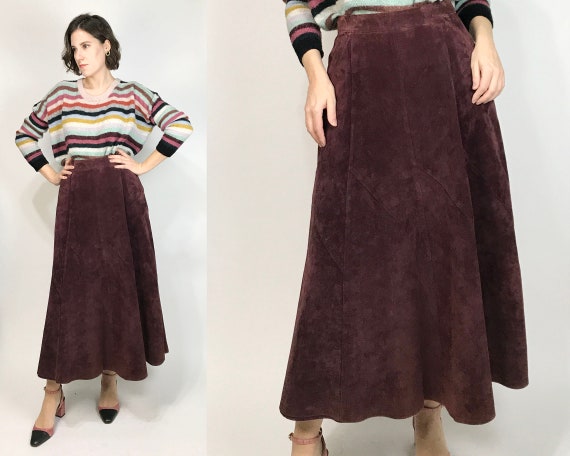 Vtg 80s Berry SUEDE Midi CIRCLE SKIRT! Large