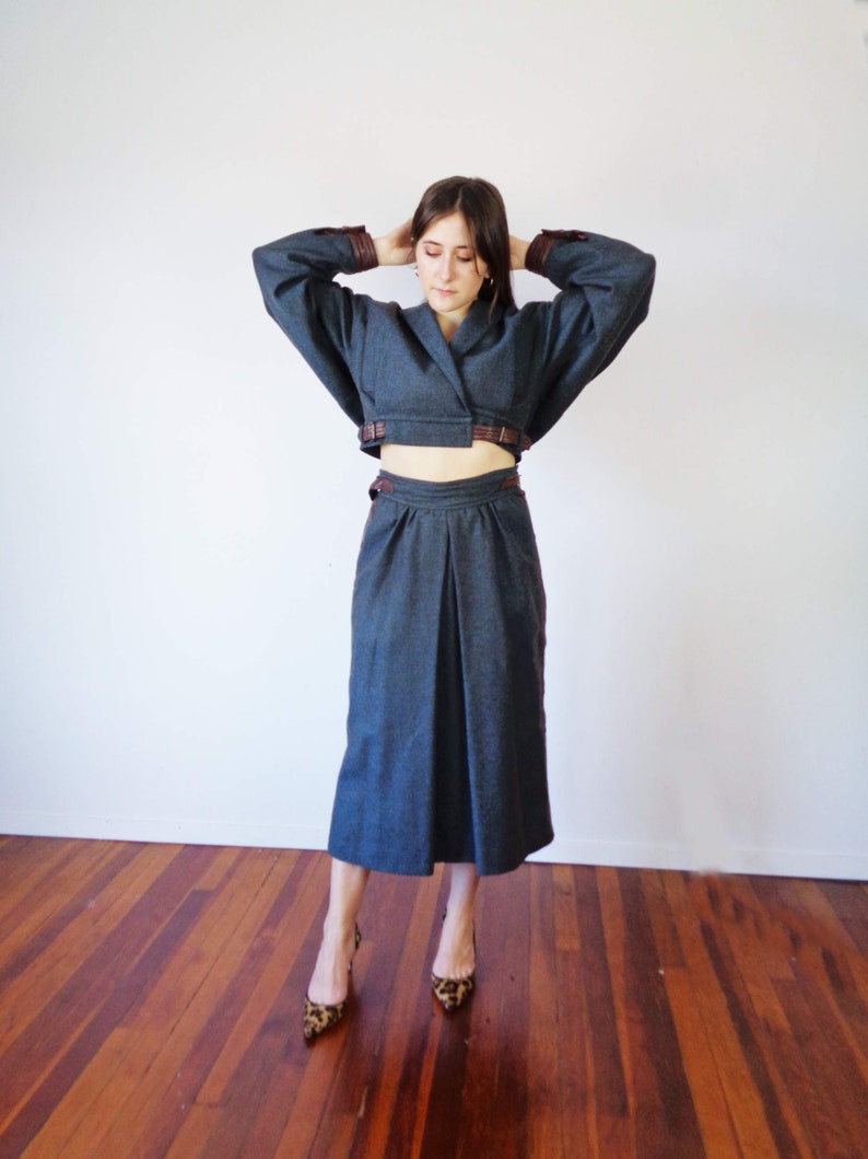 Small to Medium Vtg 80s ESCADA LEATHER /& TWEED Co-ord Set