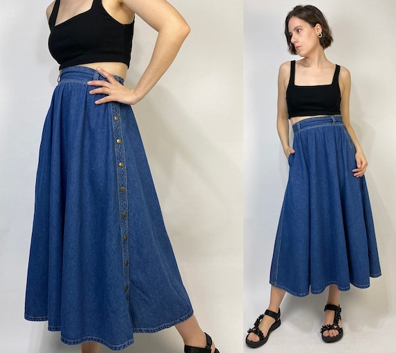 DENIM PENCIL SKIRT Vintage Medium Blue Jean High Waist Midi Cotton Woman 90/'s  27 Waist  36 Hips  Size 5