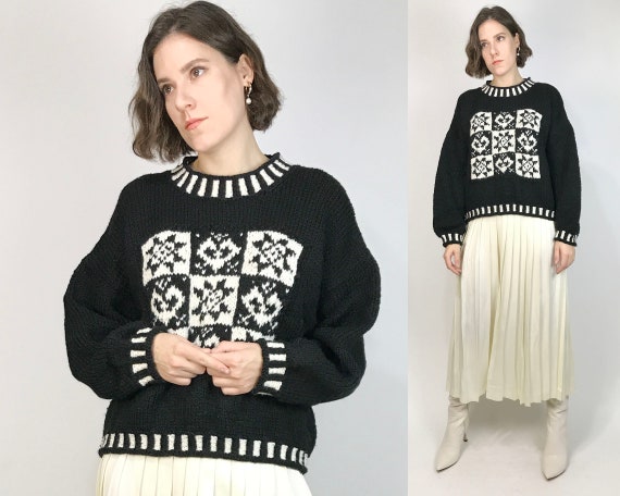 Vtg 80s Groovy FLORAL CHECK Knit Sweater! Medium