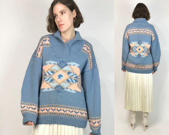 Vtg 80s OVERSIZED Dusty Blue AMERICANA Sweater! Me
