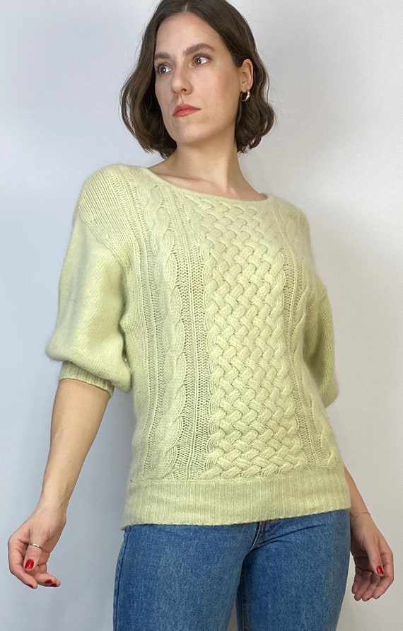 Vtg 80s ACID Green ANGORA PUFF Sleeve Sweater! Me… - image 5
