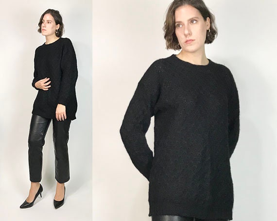 Vtg 80s WAFFLE TEXTURED MOHAIR Long Black Sweater!