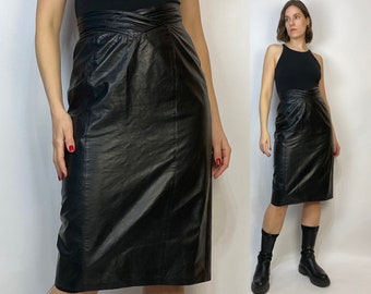 Vtg 80s LEATHER Pencil Skirt w Pleated V-PANEL! Medium