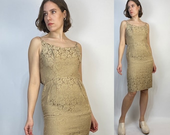 Vtg 50s ANTIQUE Beige BROCADE WIGGLE Dress! xs