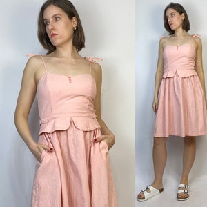 Vtg 80s CRINKLY Summer Dress with PEPLUM & Tie Straps! Small