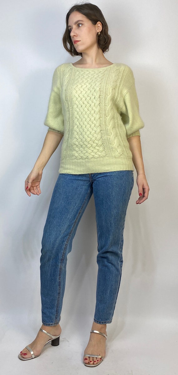 Vtg 80s ACID Green ANGORA PUFF Sleeve Sweater! Me… - image 4