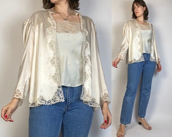 Vtg 70s LANVIN Satin & Lace Bed Jacket! One Size