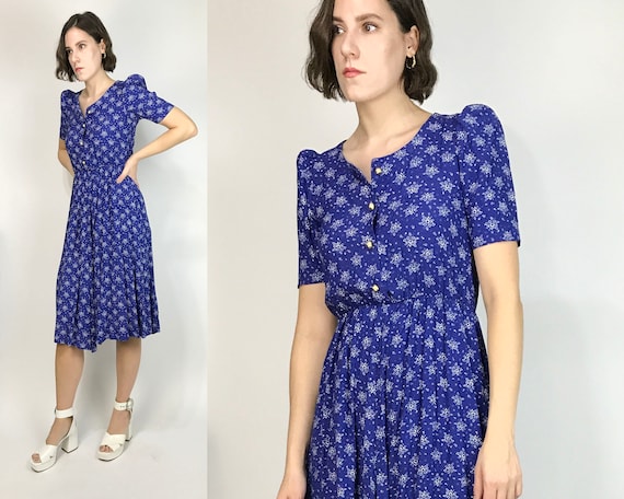 Vtg 80s CALICO Floral Fitted Dress w PUFF SLEEVES!