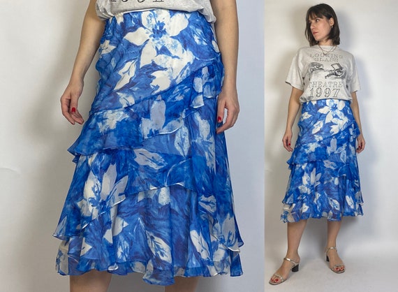 Vtg Y2K Real SILK Layered ABSTRACT Floral Skirt! … - image 1