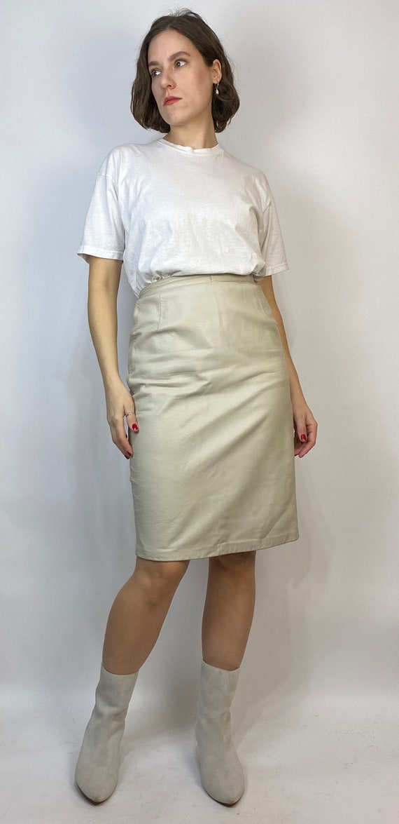 Vtg 80s Minimal BEIGE LEATHER Pencil Skirt! Small - image 2