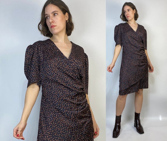 Vtg 80s ABSTRACT Puff Sleeve WRAP Dress! Large to… - image 1