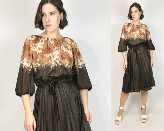 Vtg 70s Brown FLORAL Sheer ROMANTIC Dress! Medium