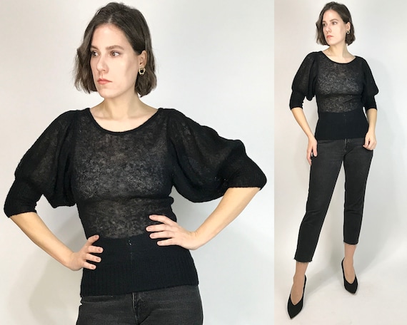 Vtg 90s OPEN KNIT Sheer Sweater with PUFF Sleeves!