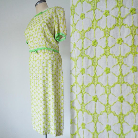 Vtg 60s DAY GLO Green Tee Dress w EMBROIDERY & Bow