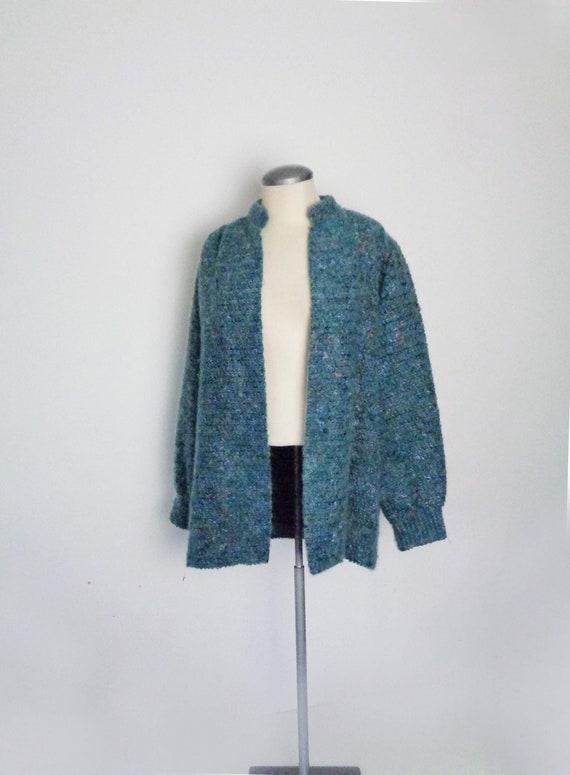 Vtg 80s Open Knit FUZZY MOHAIR TEAL Cardigan Blaze