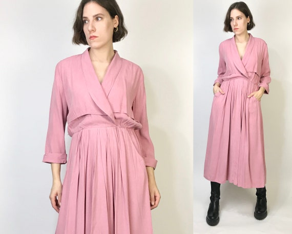 Vtg 80s Dusty Rose TRENCH Dress! Medium