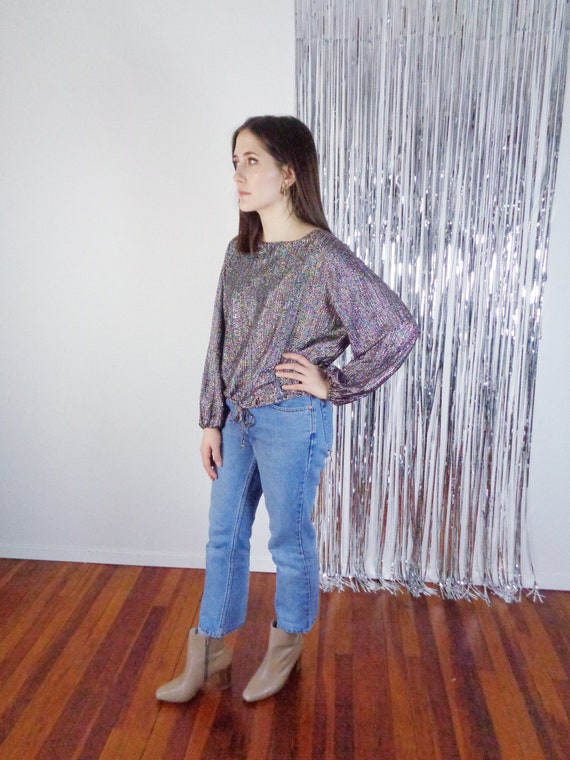 Vtg 70s SPARKLY DISCO Drawstring Top! Medium