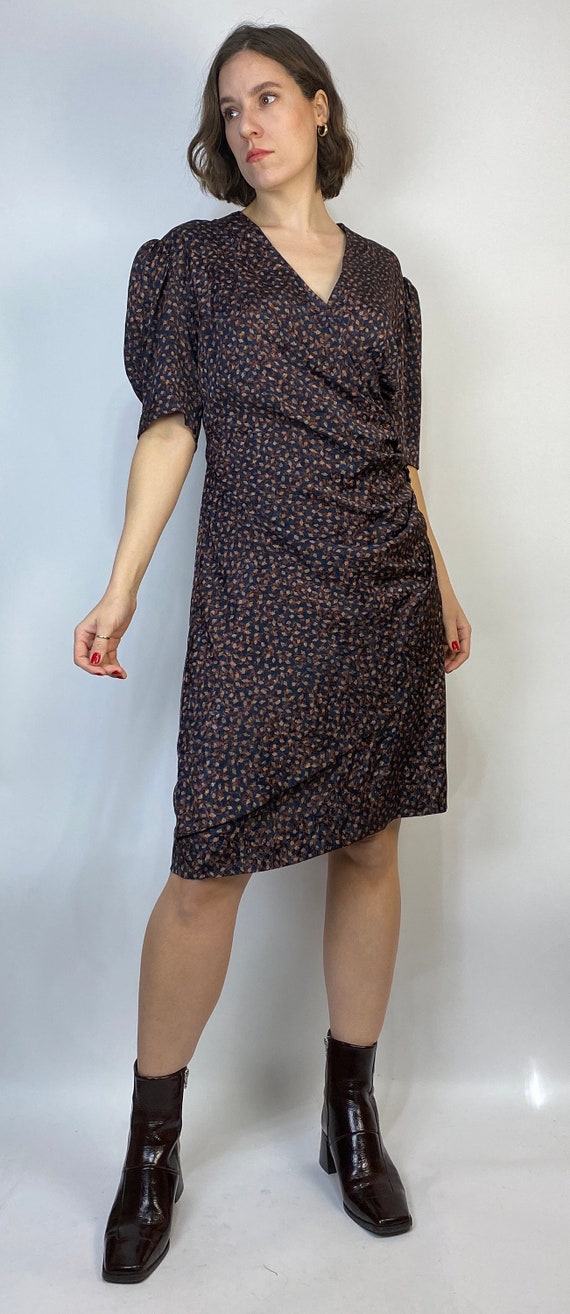 Vtg 80s ABSTRACT Puff Sleeve WRAP Dress! Large to… - image 3