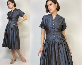 Vtg 50s SHARKSKIN JACQUARD Dress! Medium, 6 to 8